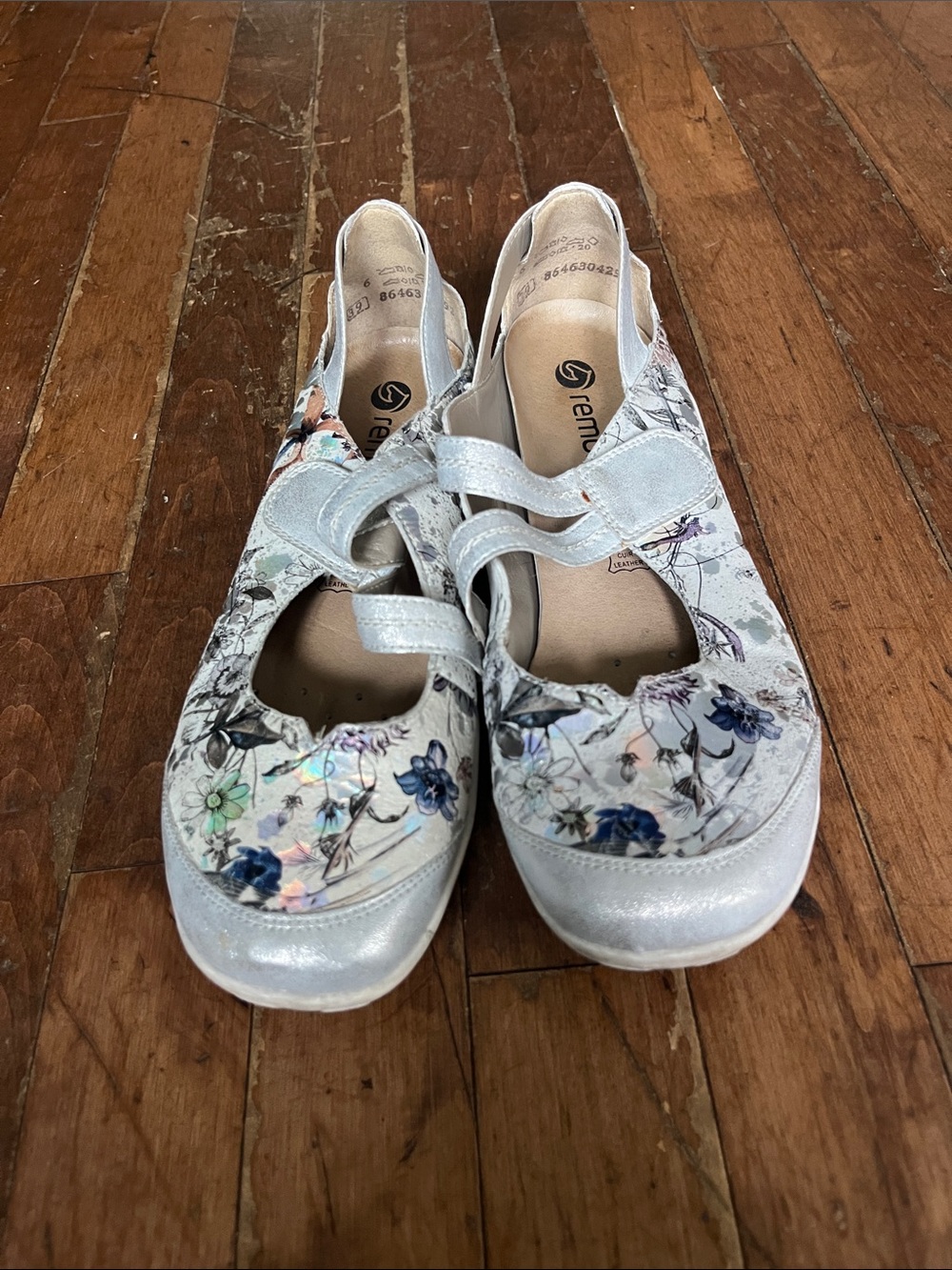 Remonte Silver Floral Mary Jane Flats real leather with Hook-and-Loop Strap